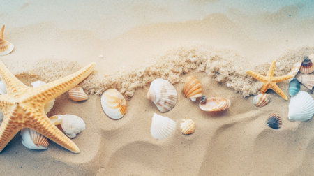 Sandy background with starfish and shells. Illustration Generative AIの素材