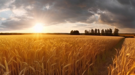 Field of ripe golden wheat in rays of sunlight Illustration Generative AIの素材