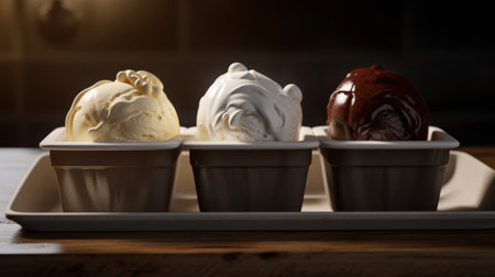 Vanilla ice cream with chocolate and vanilla on a wooden table.の素材