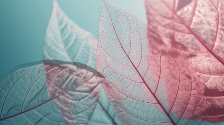 Pink autumn leaves on blue background. Illustration Generative AIの素材