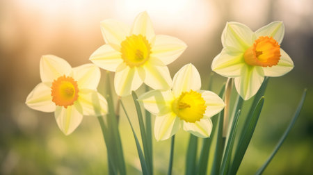 Daffodils in the park on a sunny spring day.の素材