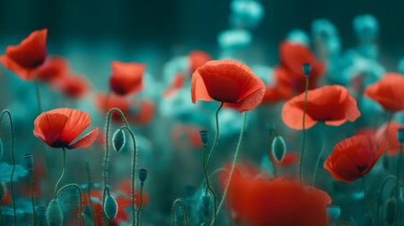 Red poppies background. Illustration Generative AIの素材