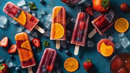 Homemade popsicles with berries and orange on blue background, top viewの素材