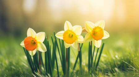 Daffodil flowers on green grass background. spring flowers.の素材