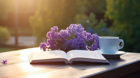 Cup of coffee with book and Lilly flowers. Illustration Generative AIの素材