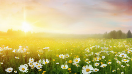 Summer field with daisy flowers. Illustration AI Generativeの素材