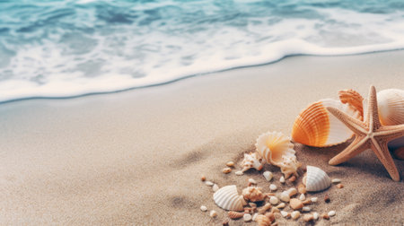 Sandy background with starfish and shells. Illustration Generative AIの素材
