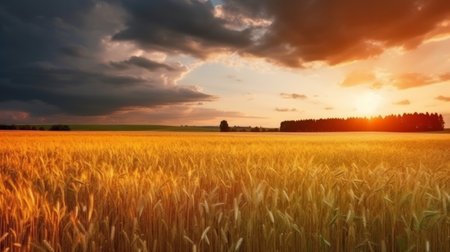 Field of ripe golden wheat in rays of sunlight Illustration Generative AIの素材