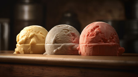 Three scoops of ice cream on a wooden shelf in a restaurantの素材