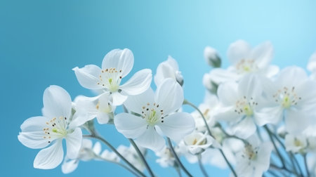 White spring flowers on blue background. Illustration Generative AIの素材