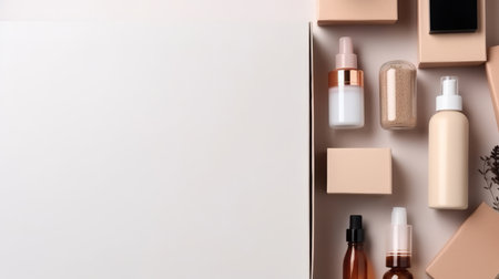 Cosmetics box with set of bottles. Illustration Generative AIの素材