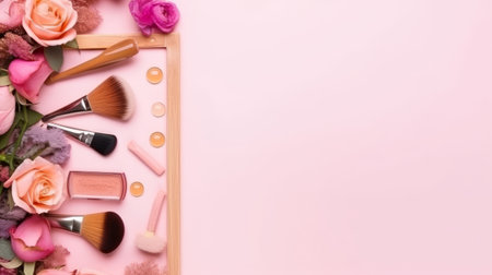 Pink background with cosmetic products. Illustration Generative AIの素材