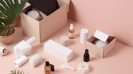 Cosmetics box with set of bottles. Illustration Generative AIの素材