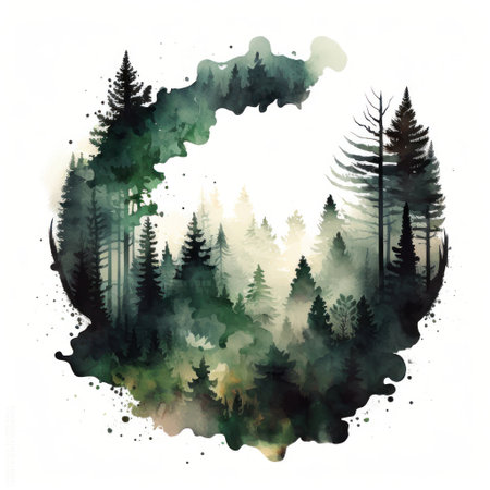 Watercolor green forest. Illustration Generative AIの素材