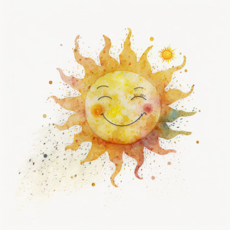 Cute watercolor sun. Illustration Generative AIの素材