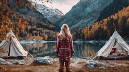 Girl travels through the mountains glamping. Illustration Generative AIの素材