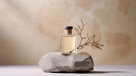 Perfume bottle on natural stone background. Illustration Generative AIの素材