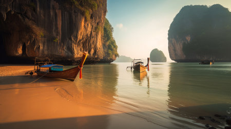 Thai traditional wooden longtail boat. Illustration Generative AIの素材