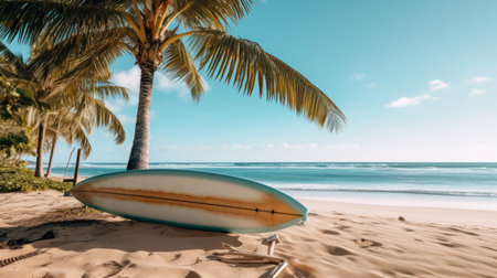 Surfboard and palm tree on the beach. Illustration Generative AIの素材