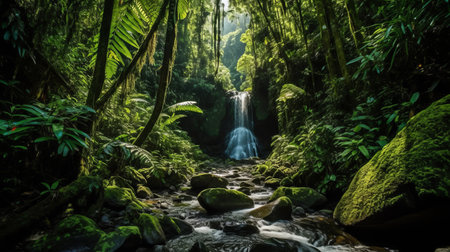 Waterfall in tropical forest. Illustration Generative AIの素材