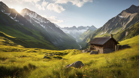House in mountain meadow. Illustration Generative AIの素材