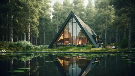 Form of a house-shaped pond located in a lush forest Illustration Generative AIの素材