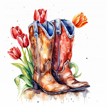 Watercolor cowboy boots with flowers. Illustration Generative AIの素材