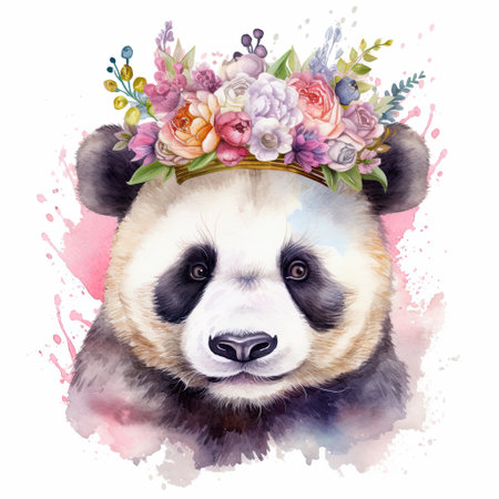 Watercolor panda with flower crown. Illustration Generative AIの素材