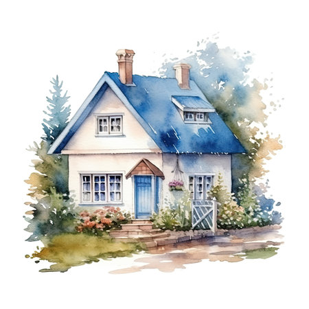 Cute watercolor house. Illustration Generative AIの素材