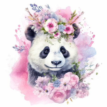 Watercolor panda with flower crown. Illustration Generative AIの素材
