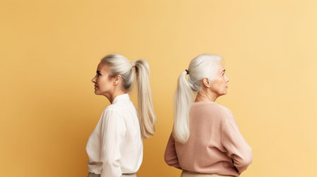 Elderly and young women standing back-to-back. Illustration Generative AIの素材