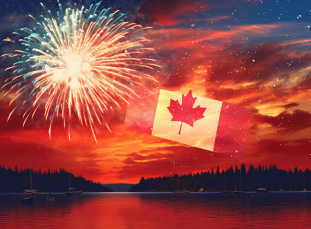 Fireworks canada canadian's flag on sunset Illustration Generative AIの素材