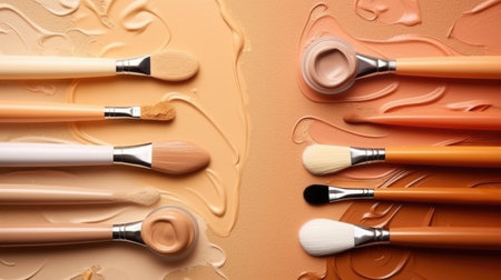 Smears and drops of various cosmetic products and pipettes on beige background Illustration Generative AIの素材