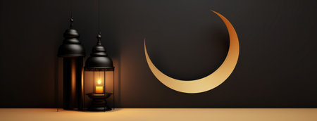 Golden black lantern with the crescent and moon Illustration Generative AIの素材