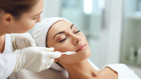 Young woman is getting a rejuvenating facial injections at beauty clinic. Illustration Generative AIの素材
