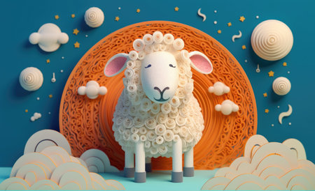 Eid al adha backgroud. Sheep in mediterranean themed pattern with a moon and clouds in the background, Illustration Generative AIの素材