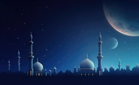 Mosques dome on dark blue twilight sky and crescent moon on background Illustration Generative AIの素材