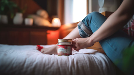 Woman applying body cream on leg in bedroom. Illustration Generative AIの素材