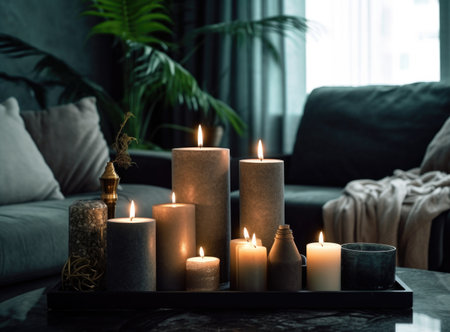 Group of candles on a table in a living room, Illustration Generative AIの素材