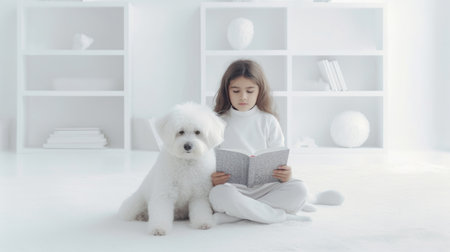 Child reads book with dog. Illustration Generative AIの素材