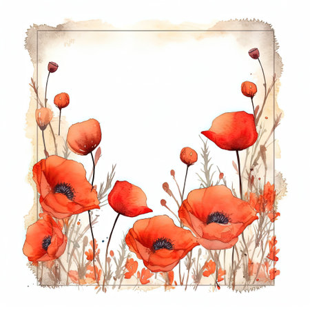 Red watercolor poppy flower frame. Illustration Generative AIの素材