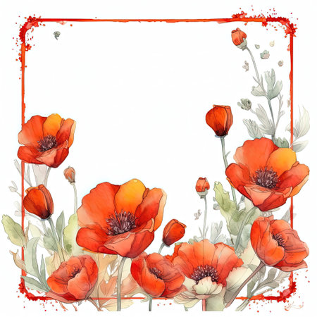 Red watercolor poppy flower frame. Illustration Generative AIの素材