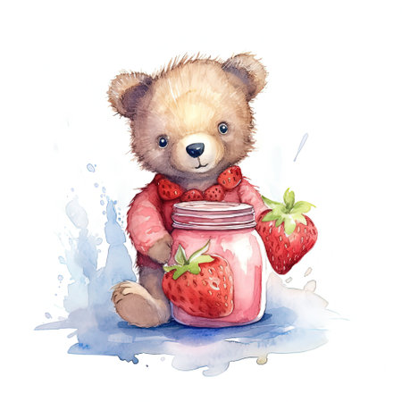 watercolor bear with jam jar. Illustration Generative AIの素材