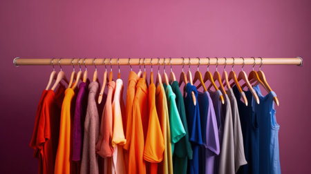 Colorful clothes hang on hangers Illustration Generative AIの素材