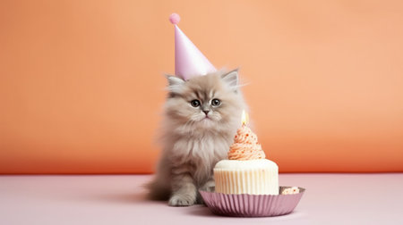 Birthday cat with cake. Illustration Generative AIの素材