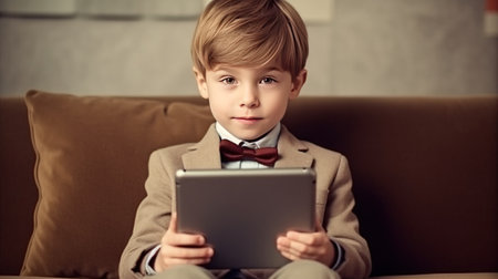 Little boy with tablet pc. Illustration Generative AIの素材