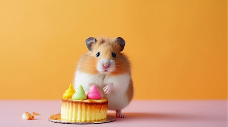 Cute Birthday hamster with cake. Illustration Generative AIの素材