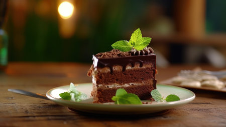 A piece of chocolate cake with mint. Illustration Generative AIの素材