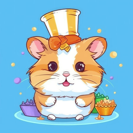 Cute Birthday hamster with cake. Illustration Generative AIの素材