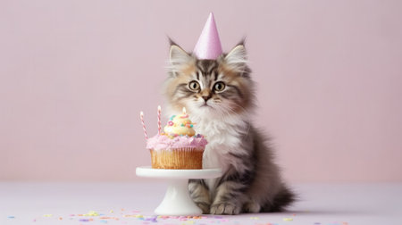 Birthday cat with cake. Illustration Generative AIの素材